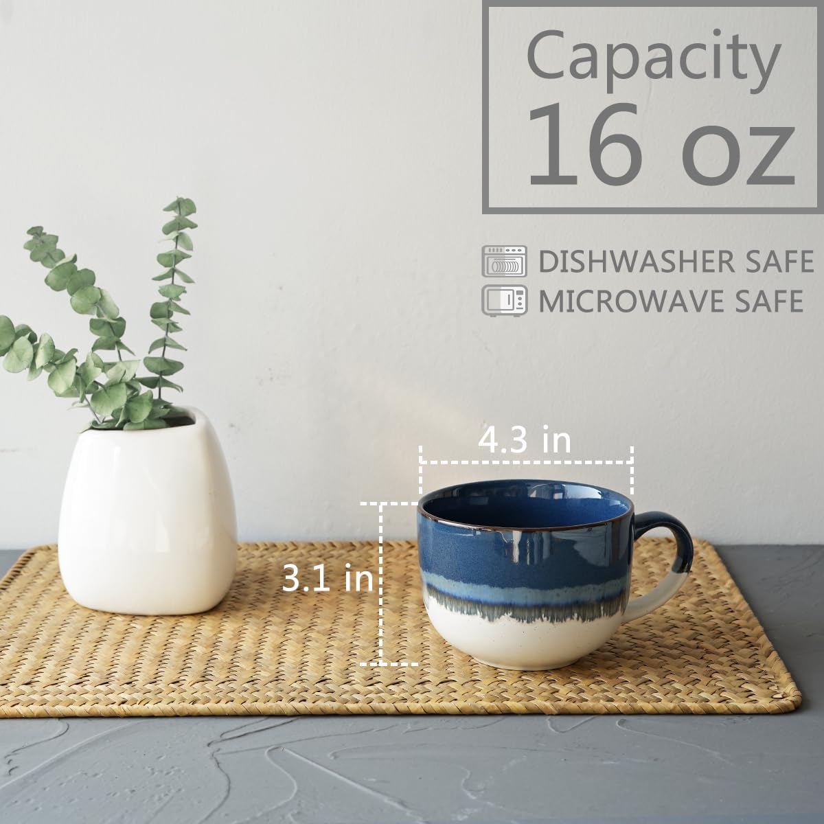 Bosmarlin Ceramic Coffee Mug Set of 4, 16 Oz, Jumbo Latte Mugs, Dishwasher and Microwave, Unique Reactive Glaze (Deep Blue, 16 Oz) - Image 2