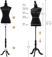 Vista 2 de Bonnlo Maniquí de costura, apto para clavar alfileres, para vestido de mujer, con base de trípode de madera.