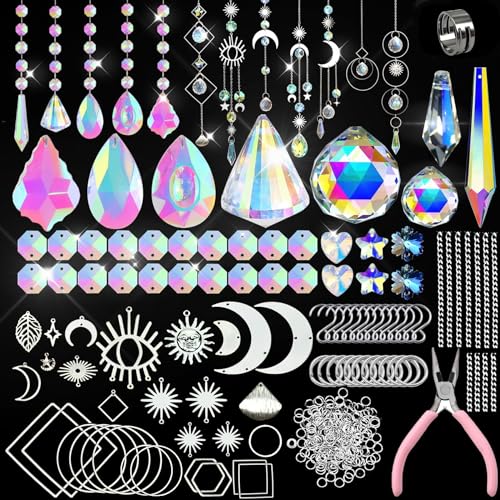 VEEKAY Atrapasoles Cristal Colgante,355 Piezas DIY Kits para Hacer atrapasoles,DIY Bola de Cristal Prisma con Cuentas/Cadenas/Anillos,Colgante de Cristal Arcoíris para Ventana Jardin Fiesta Decor