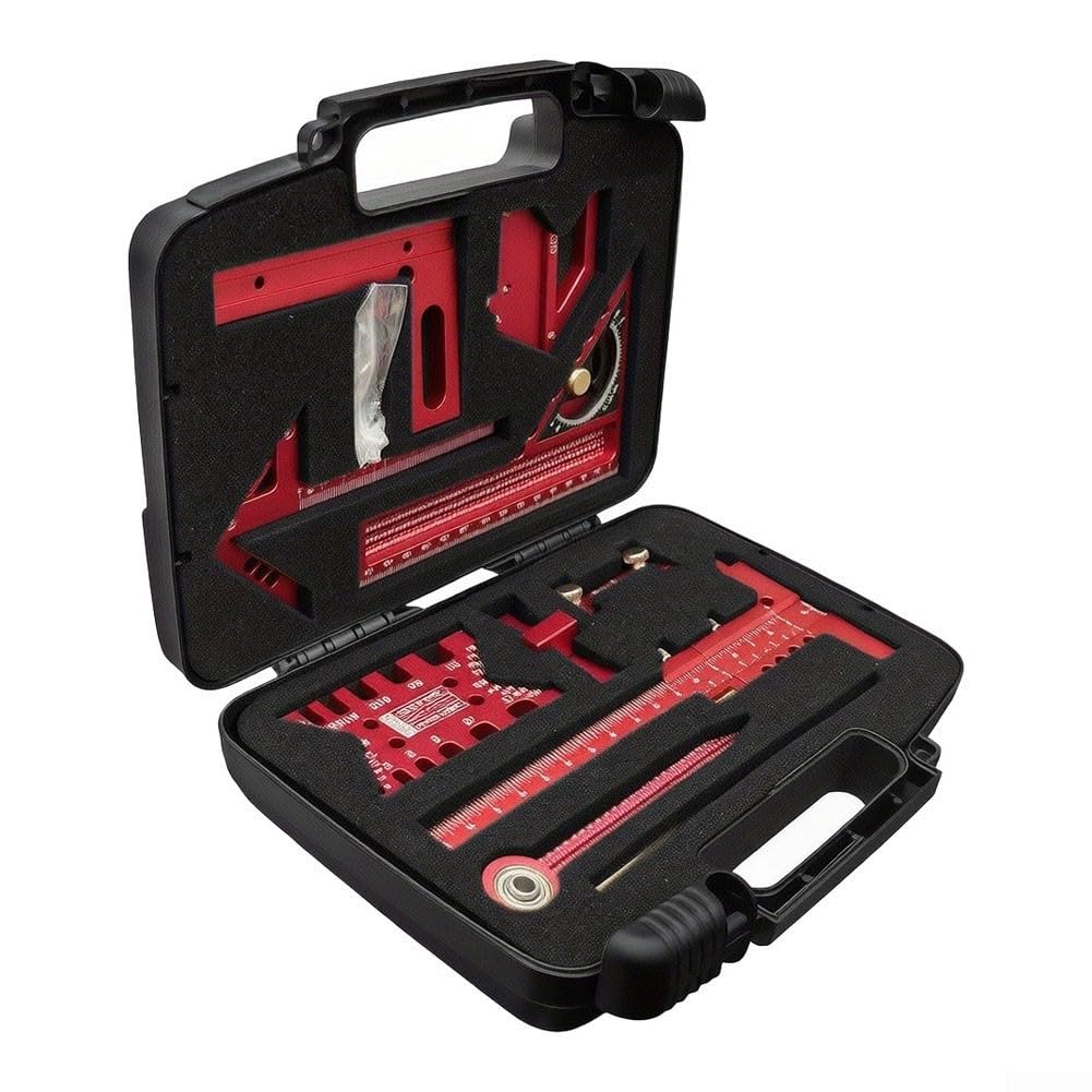 Kit de herramientas de diseño de aleación de aluminio para carpinteros con regla de ángulo cuadrado, regla de cola de milano, centro de escritura y herramientas de marcado (9 piezas)