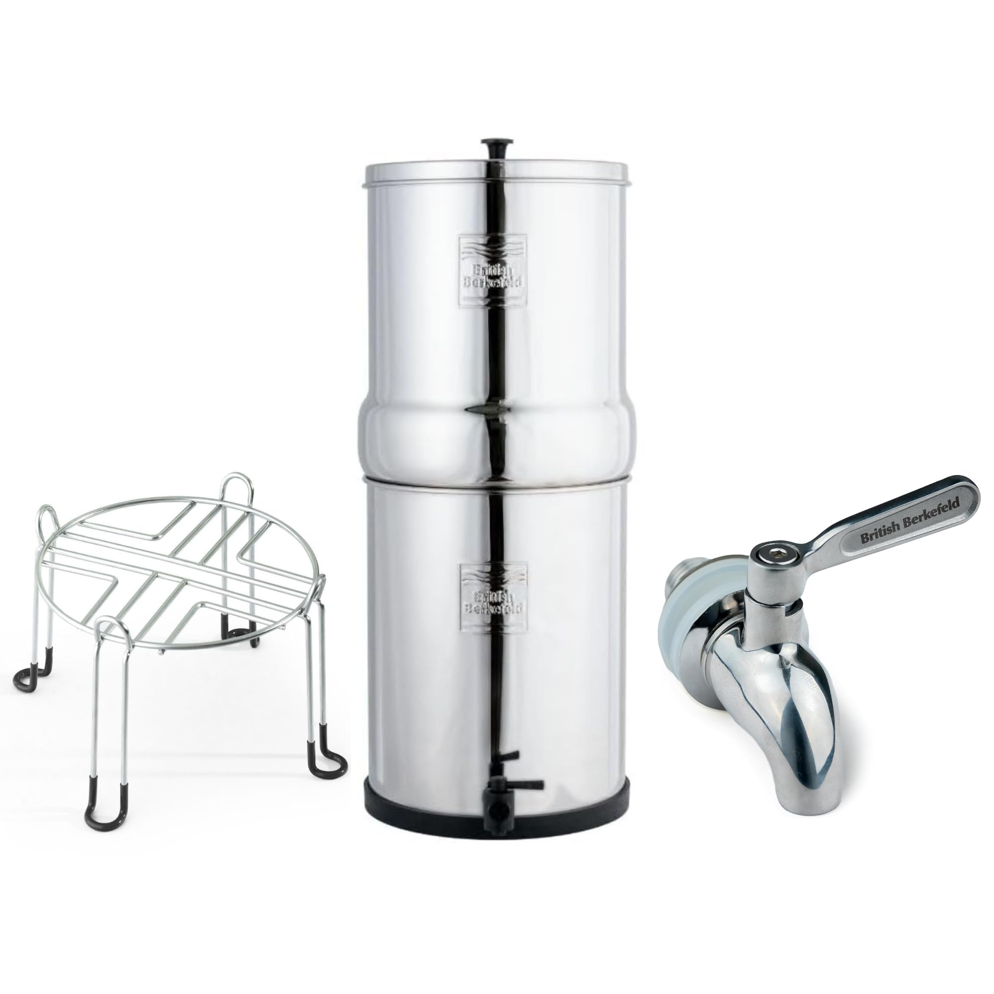 British Berkefeld 8,5-Liter-Set | Im Lieferumfang enthalten: 8,5-L-Schwerkraftsystem, 2 Ultra-Sterasyl-Filterkartuschen, Edelstahlhahn und 8,5-L-Ständer | Köstliches, sauberes Wasser
