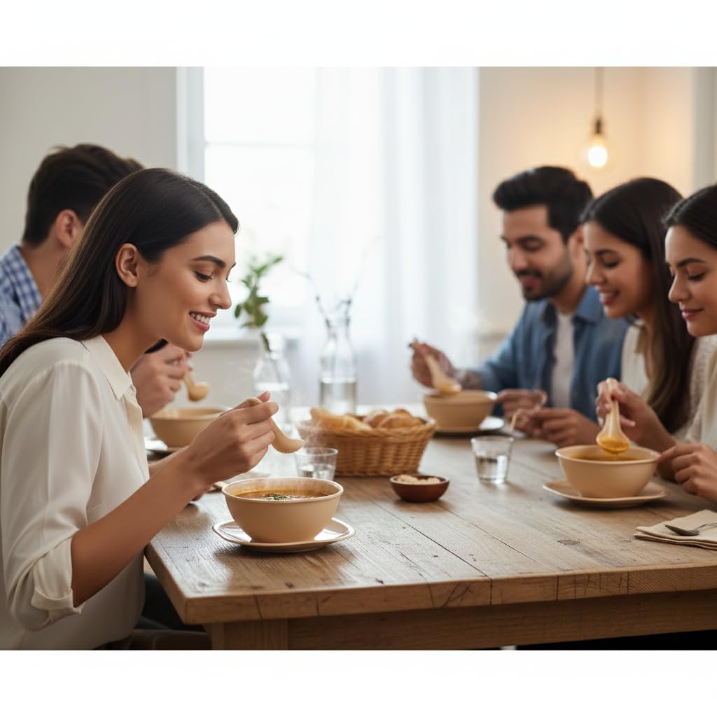 Gluman Polycarbonate Round Shape 18 Pcs Soup Bowl Set 6 Bowl And 6 Spoon,6 Dish Microwave Safe For Home And Office Use (Beige), 400 ML 2