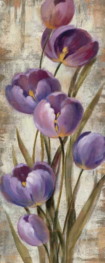 Lienzo con caja americana Royal Purple Tulipanes II Vassileva Silvia - Floral vertical Art print contemporaryss tulipanes tallo tallos hojas hoja flotante 27_X_11_in