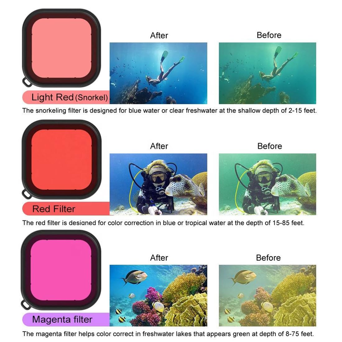 Filtern, 3 in 1 Schnorcheltauchen Unterwasser Rot/Pink/Lila Linsenfilter in Meerwasser & Süßwasser für wasserdichtes Kompatibel mit GoPro Hero 10, 9, 8