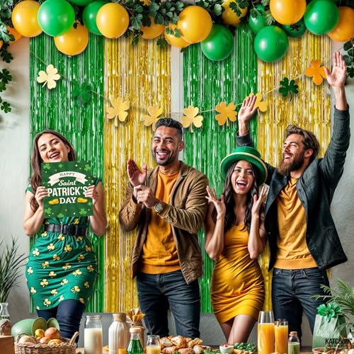 Image of KatchOn, Green and Gold Foil Fringe Curtains - 6.5x6.5 Feet | St Patricks Day Backdrop for St Patricks Day Decorations | St Patrick's Backdrop, St. Patrick's Day Decorations