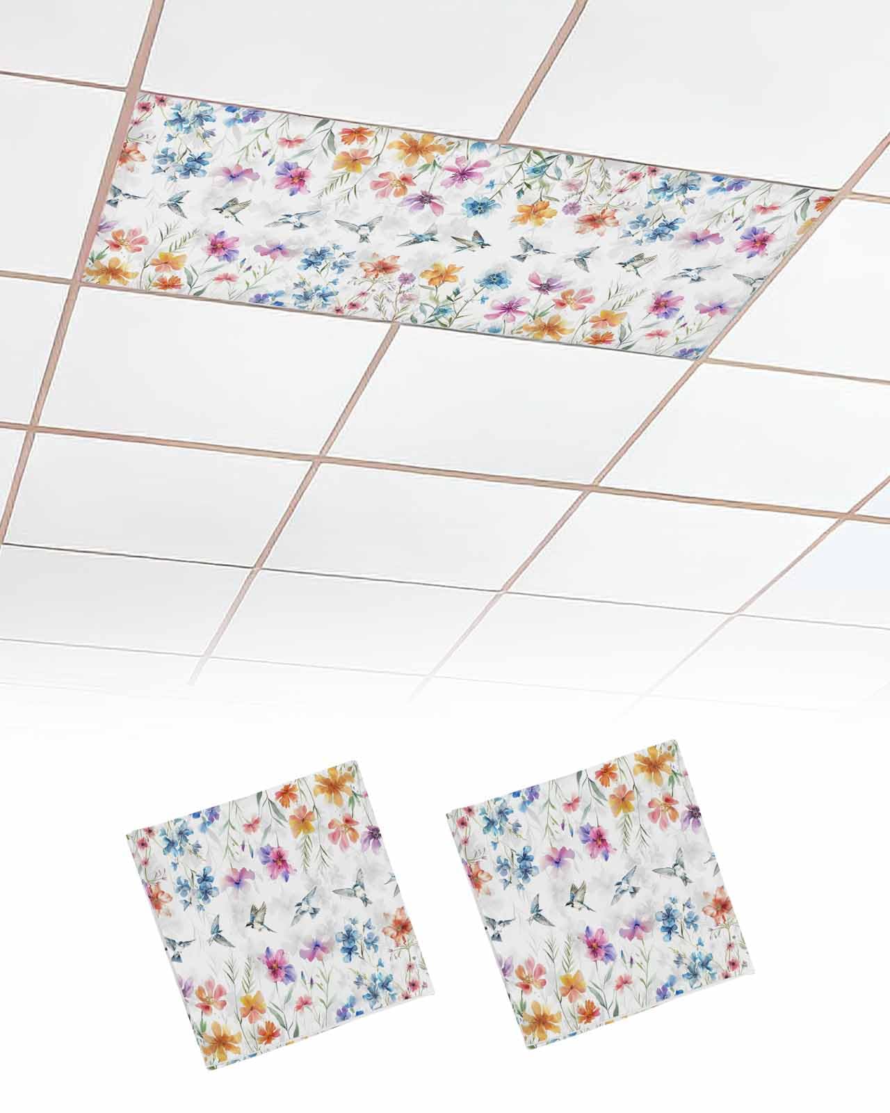 EwdeWwo Spring Floral 2 Pcs Fluorescent Light Covers for Ceiling Lights, Summer Plants Flowers Birds Magnetic Light Filters for Eliminate Harsh Glare Classroom Office Decoration, 4 x 2 Ft