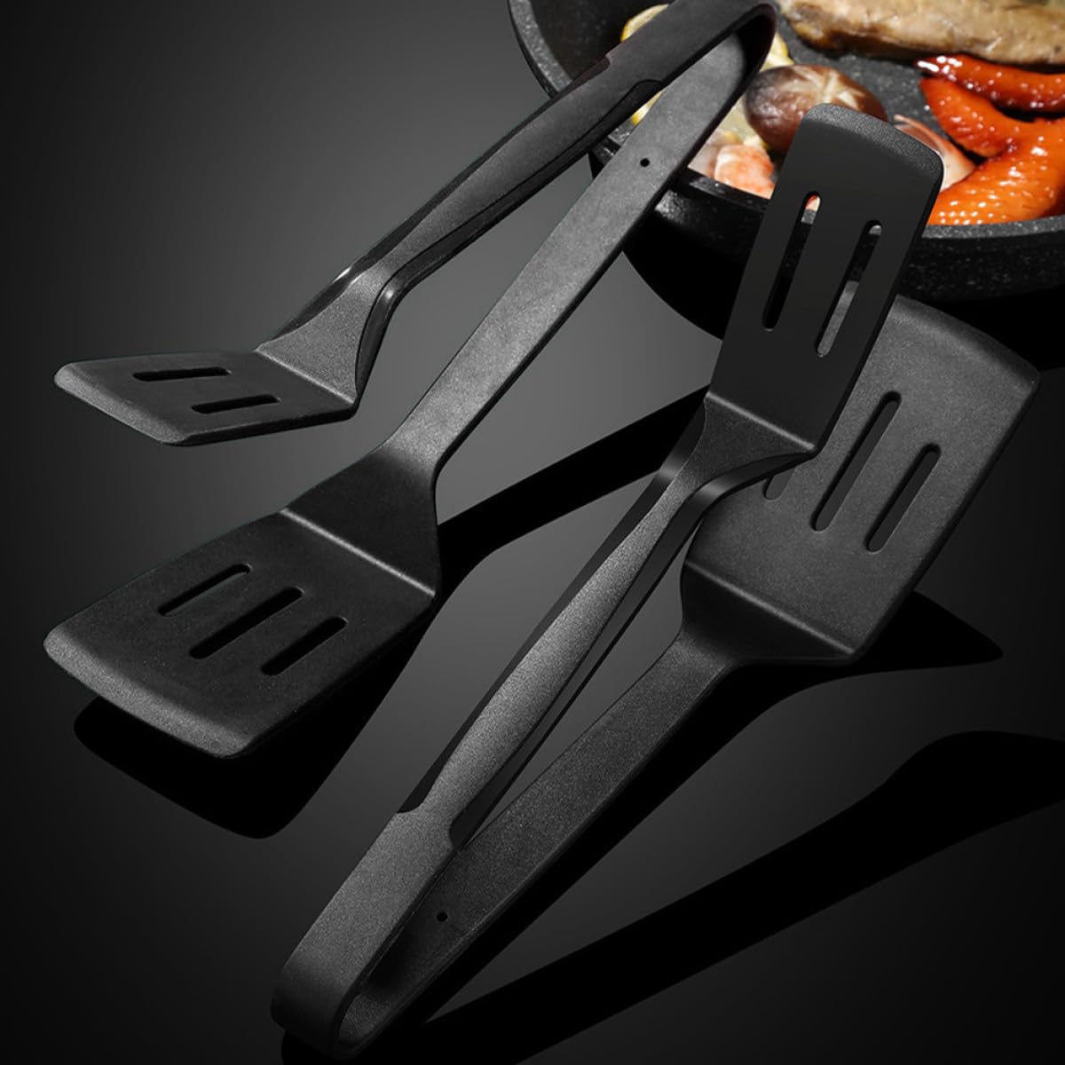 GALPADA Set 2 Pinze da Cucina in Silicone Nero per Barbecue e Forno, Resistenti al Calore, per Girare Carne, Pesce e Pasta a Casa a Colazione