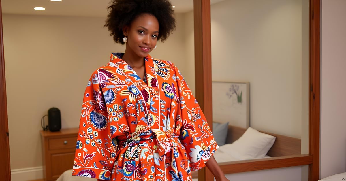 CRAFT KALA Women's Long Robes Kimono Robe with Colorful Crown Printed Pink Kimono Nightgown - Image 7