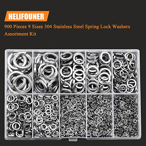 900 Pieces 304 Stainless Steel Spring Lock Washers For Screws Bolts, Helifouner Lock Washers Assorted Kit, Stainless Steel Lock Washers, Lock Metal Washers (M2 M2.5 M3 M4 M5 M6 M8 M10 M12) #TOP3