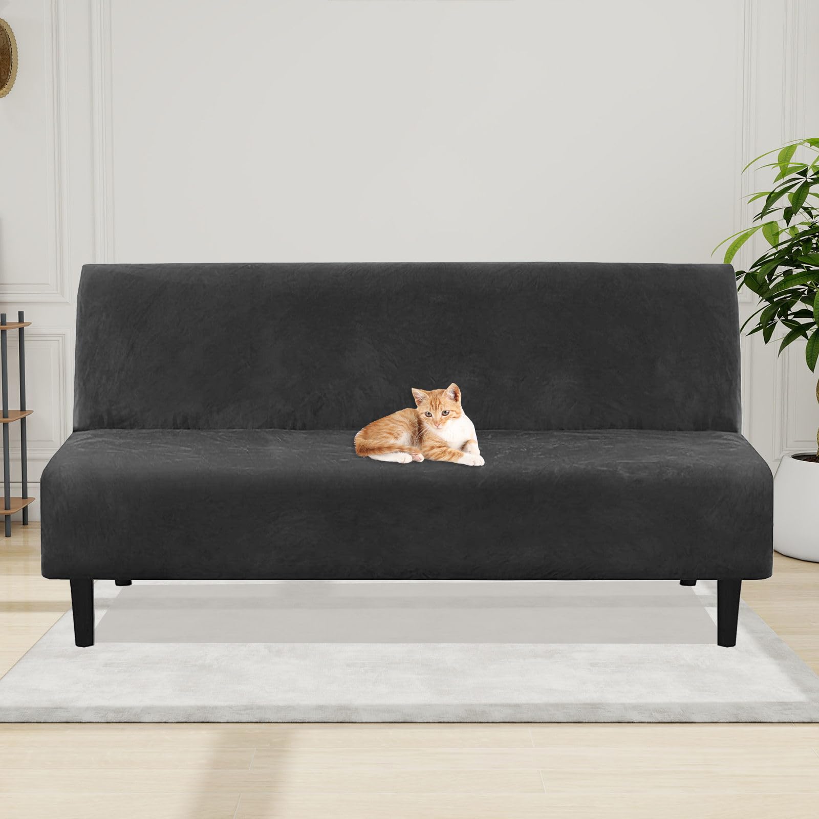 ZRCYXDW Armless Sofa Cover Folding, Velvet Futon Cover Soft Thick Futon Slipcover Non Slip Armless Sofa Bed Cover-Black-68-85in(172.7-215.9cm)