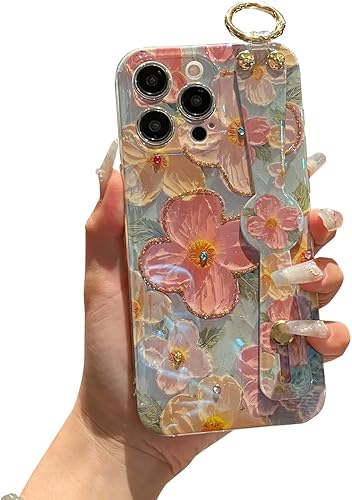 Funda para iPhone 15 Pro Max linda con correa de muñeca con función atril con purpurina de dibujos animados IMD de silicona TPU a prueba de golpes