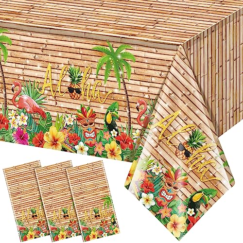 3Pcs Hawaiian Luau Tablecloth Tiki Party Tablecloths Tropical Table Cloth Plastic Disposable Rectangle Table Covers for Tiki Bar Tropical Summer Beach Pool Birthday Party Decorations ,108x 54 Inch