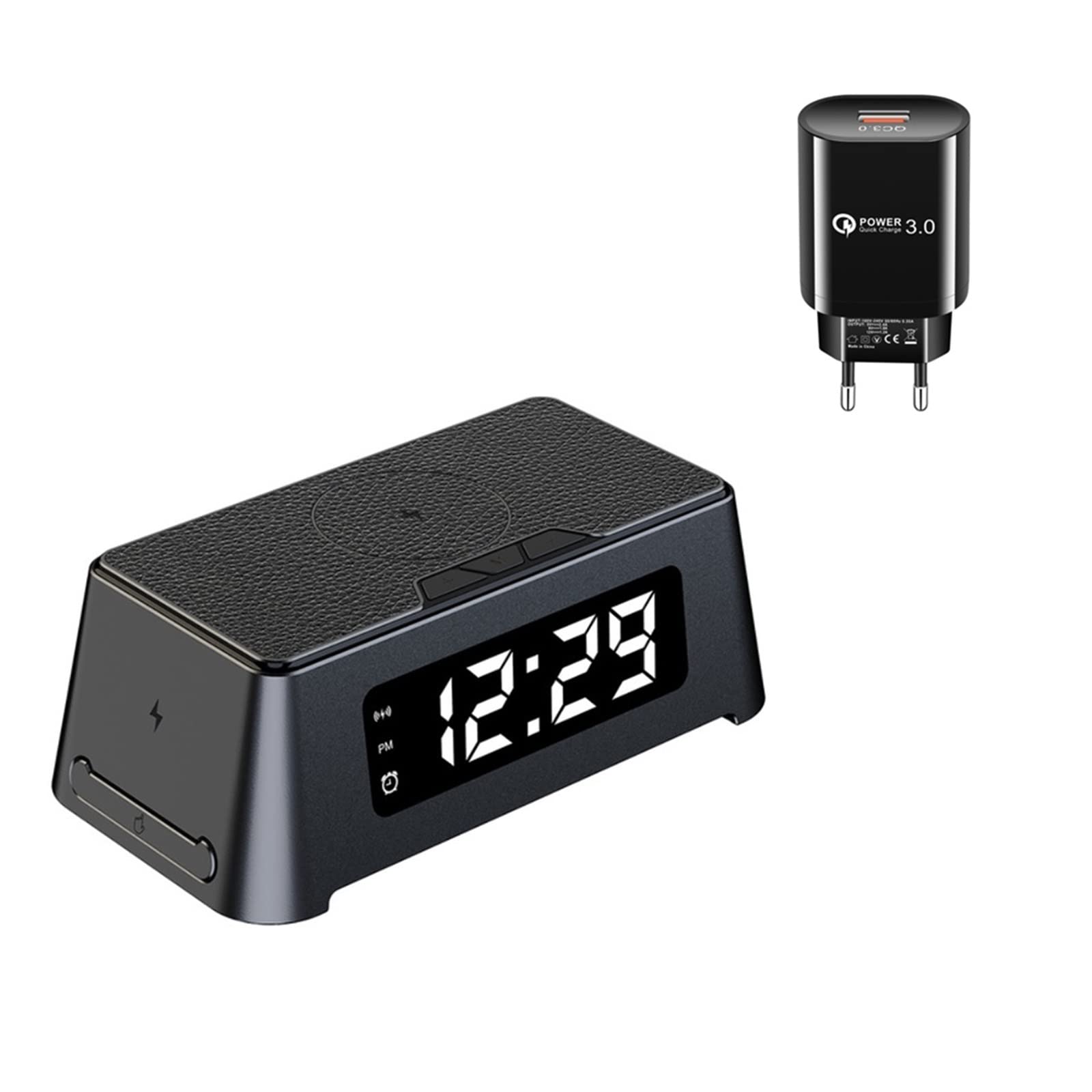 15W Qi Budzik Bezprzewodowa podkładka ładująca do telefonu Plus Ładowarka zegarka Słuchawki,Uniwersalna kompatybilność(Black with plug)