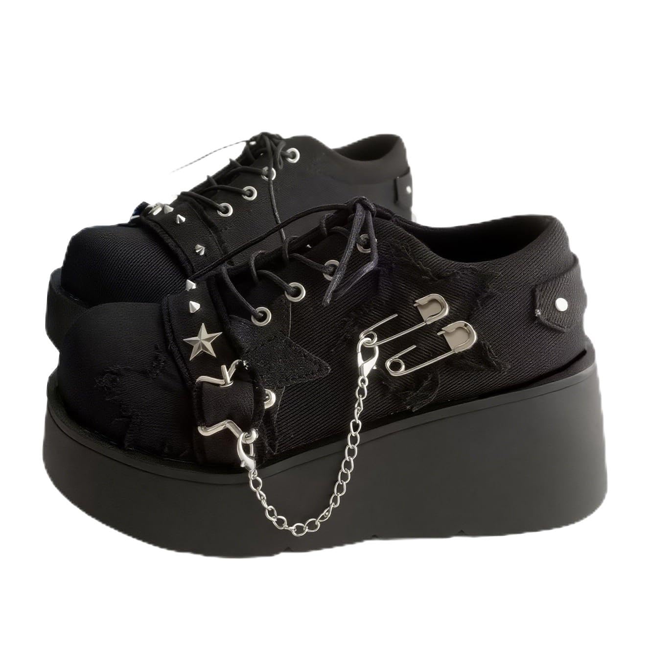 NEJKG Women's Denim Low Top Wedge Gothic Ankle Boots Fashion Chain Round Toe Lace Up Platform Ankle Boots Rave Party Prom Punk Boots