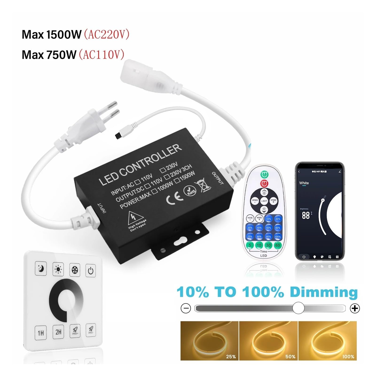 LED Dimmer Controller Wall Touch Remote Control Suitable for 8mm PCB AC110V/220V 288Leds/m 3000K 4000K 6000K COB Light Strip(Touch Remote Dimmer,220V UK Plug)