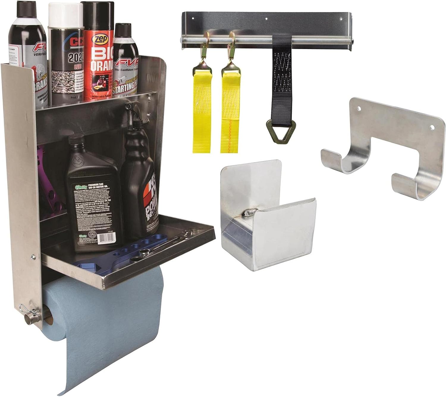 Speedway Motors Trailer and Garage Organizer Basic Kit with Fold-Down Table, Ratchet Strap Rack, Cordless Drill Holder, Extension Cord Bracket, and Aluminum Door Cabinet