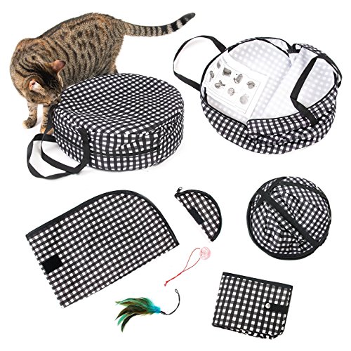 CHEERING PET, Cat Travel Cage, Portable Cat Condo, Collapsible Litter Box, Foldable Feeding Bowl, Hanging Feather Teaser and Ball, Carrying Bag, Extra Large 32" X 19" X 19" (Checkered)