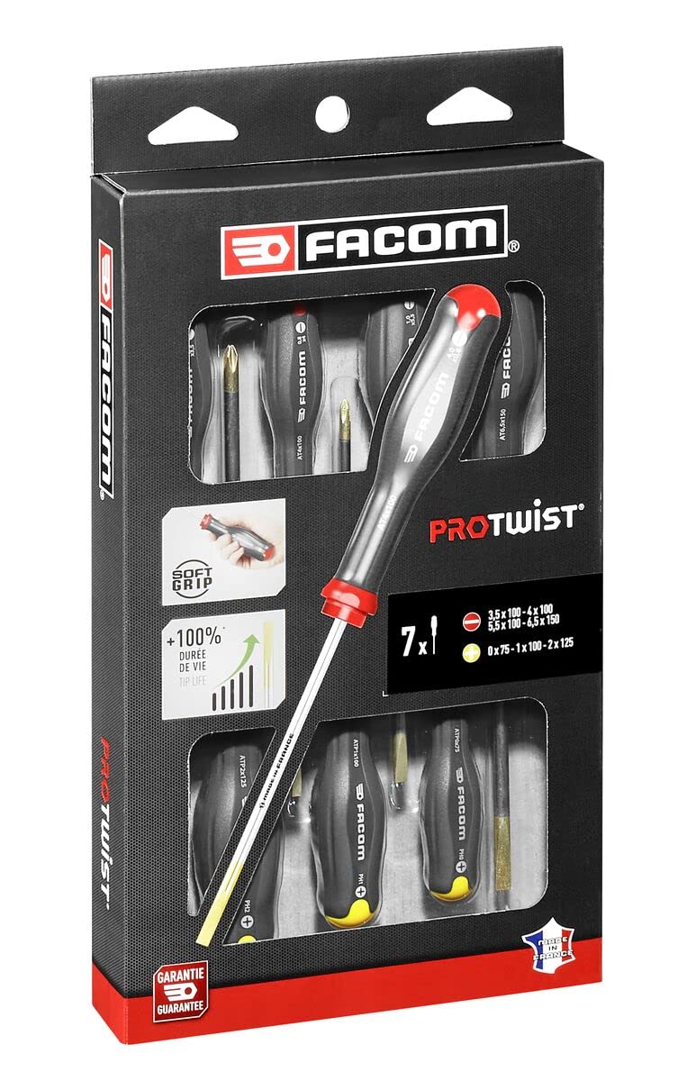 FACOM Zestaw 7 wkrętaków Protwist – ergonomiczne, antypoślizgowe uchwyty – Phillips + Pozidriv + płaski otwór – AT.7Pb