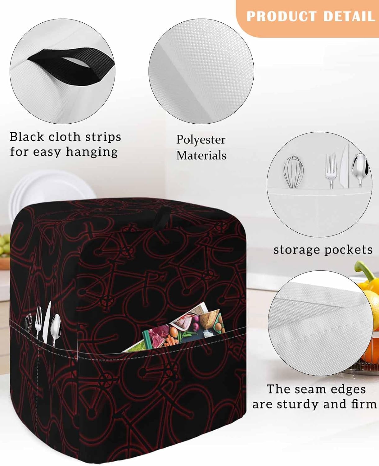 Red Black Bicycles Stand Mixer Cover with Storage Pocket, Waterproof Kitchen Mixer Covers, Hand-drawn Vehicle Modern Art Kitchen Appliance Dust Cover Compatible with 5-8 Quart Mixers