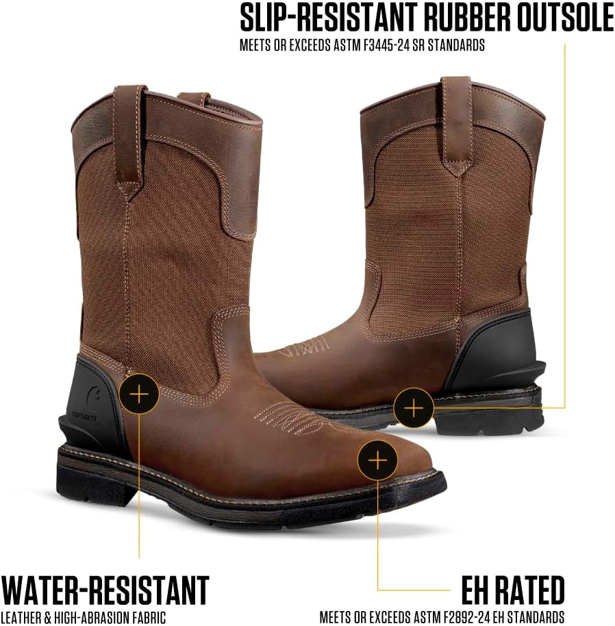 Carhartt Men's Montana 11" Wellington Work Boots – Waterproof & Water-Resistant, Steel Toe & Soft Toe, Pull-On Square Toe