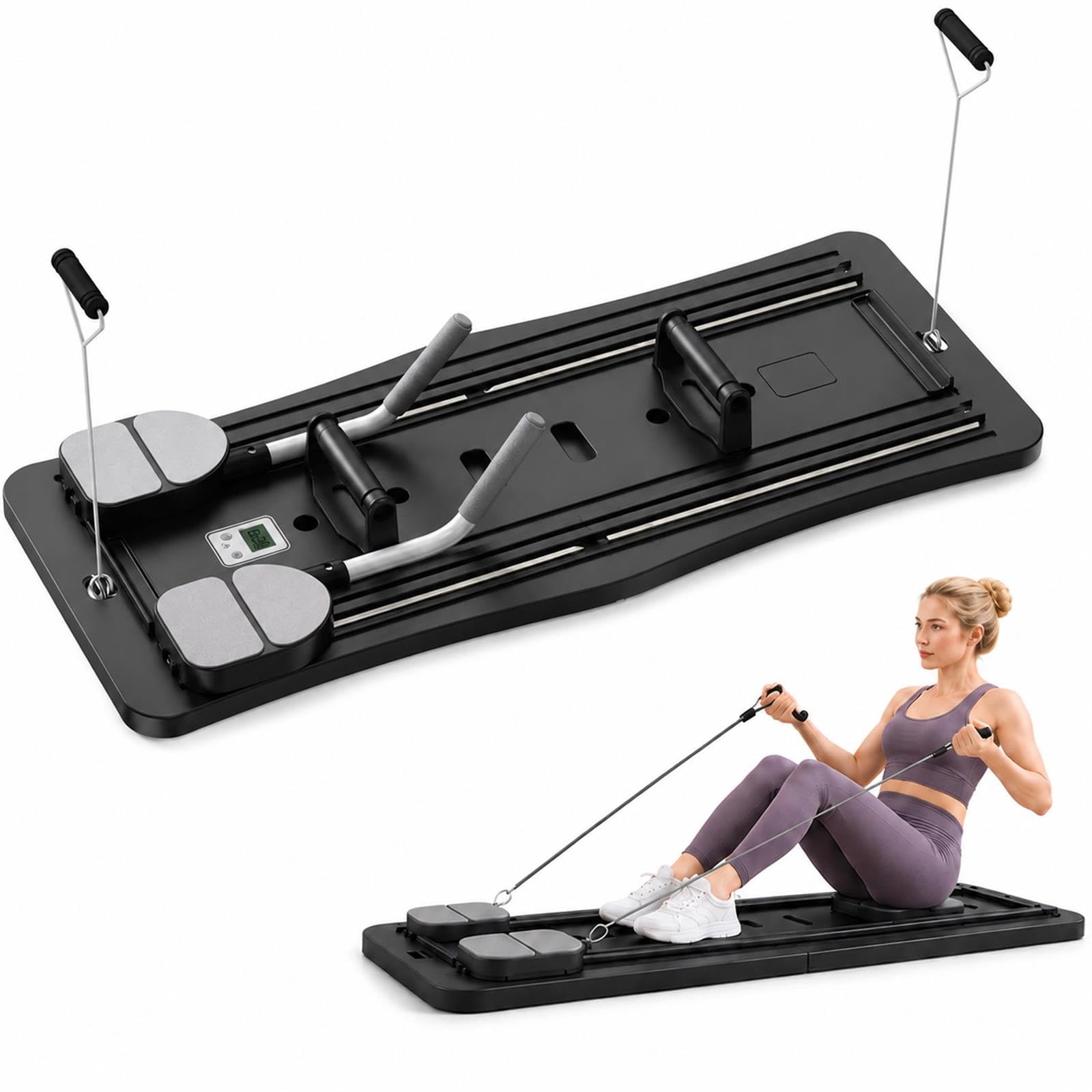 GOOGO Foldable Pilates Reformer Board, 4-in-1 Pilates Machine with Sliding Core Trainer, Resistance Bands, Push-Up Handles and Timer, Portable Home Gym Equipment for Full-Body Workout (Black)