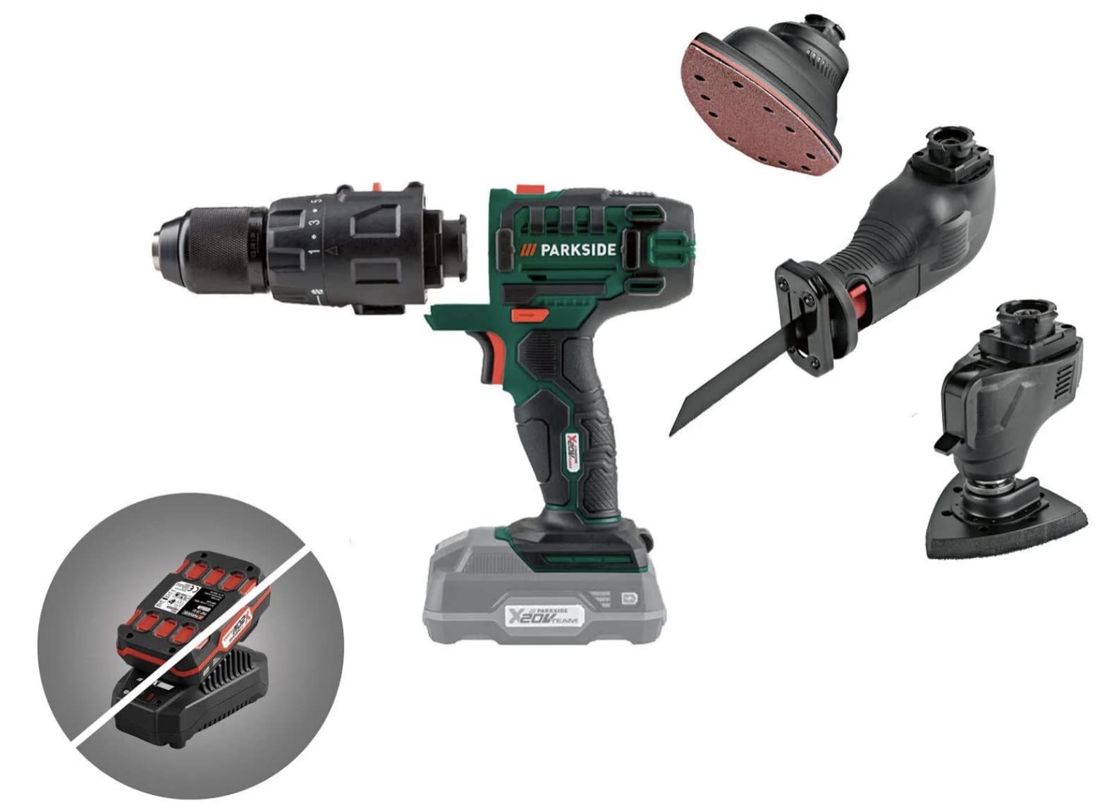 Kompernass Parkside Parkside 20V 4In1 Cordless Combination Tool Drill/Driver, Multi-Sander, Reciprocating Saw And Multifunctional Device Quick, Tool-Free Attachment Change Non-Slip Soft Grip