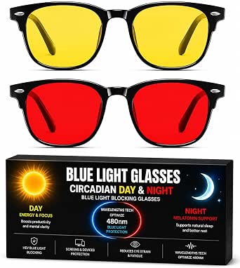 Solmoon Blue Light Glasses - Day Yellow & Night Red Lenses, BPA-Free, Circadian System 24H