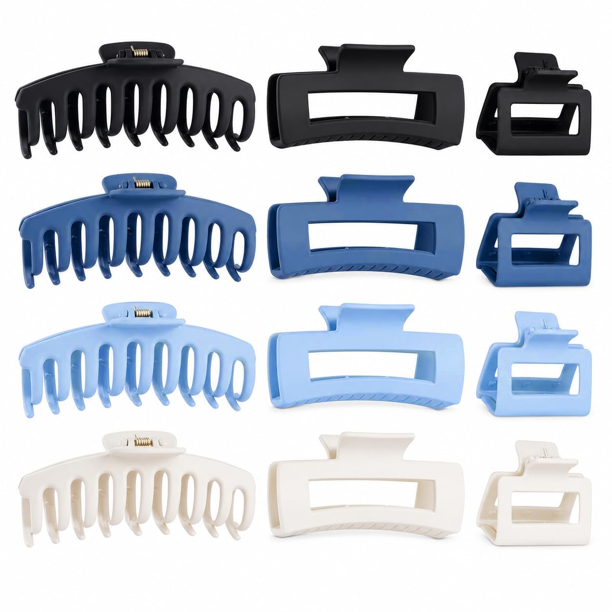 12 Pack Matte Hair Claw Clips, 3 Styles Small Medium Large Durable PS Hair Claws for Women Girls, Strong Hold Non-Slip Hair Clips for Thick Thin Fine Curly Hair-Black+Deepblue+Lightblue+White