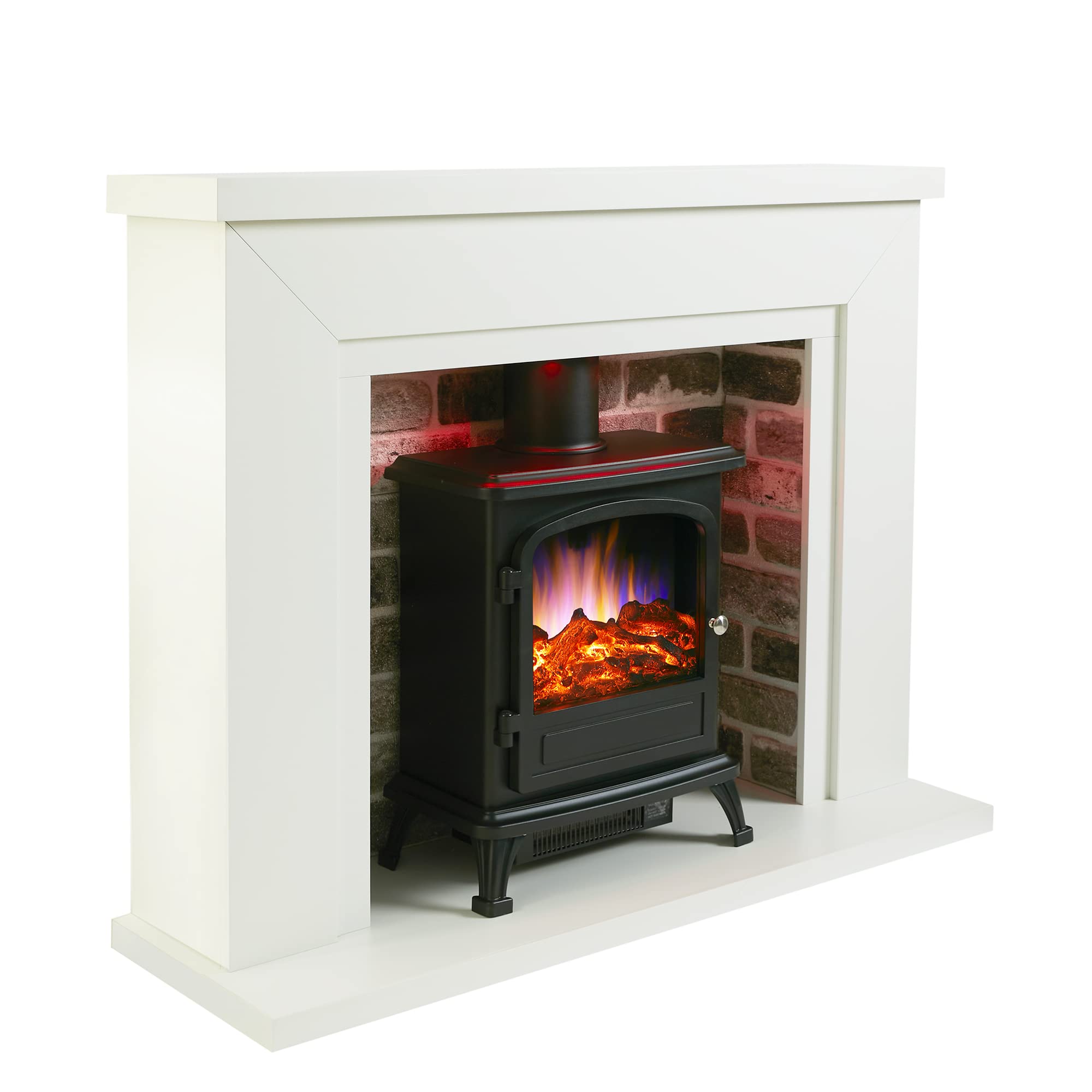 Endeavour Fires And Fireplaces White Top + Grey Brick Endeavour Fires Farlington Electric Fireplace, Black Log Burner Stove In 48’’ Off White Surround, Led Downlights With Remote Control (White Top/Grey Brick) Size 48