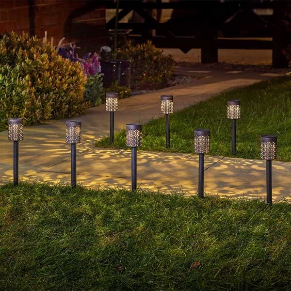 Garden Mile 8pc Biba Solar Stake Lights with Damascus Silhouette Waterproof Outdoor Garden Lights Bronze Effect Finish for Flowerbeds Borders Planters Driveway Pathway