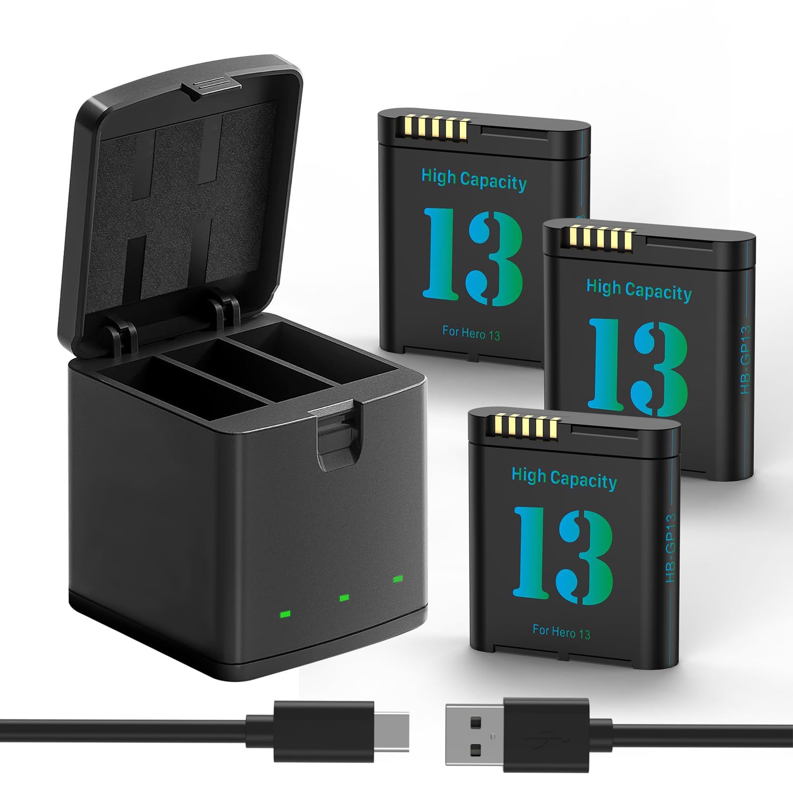 3-Stück Hero 13 Akku Ladegerät Kit 2800mAh Ersatzakkus Typ-C LED Dreikanal-Ladegerät für Hero 13 Black Vollkompatibel mit Original(3 Stück Batterie + 1 Stück Ladefach)