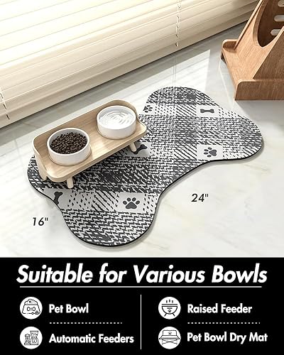 Miniatura 7 de Tapete de comida para perros - Tapete absorbente de comida para mascotas - Tapete para cuenco para perros con forma de hueso, tapete de alimentación