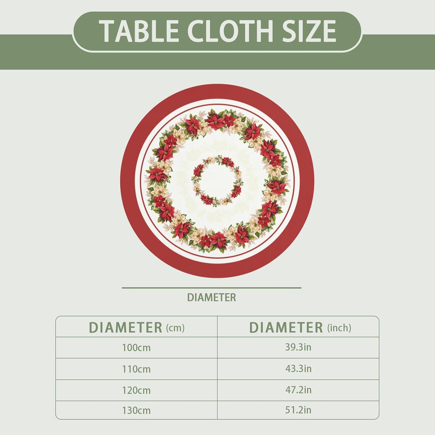 Christmas Round Fitted Tablecloth with Elastic for 40-44 Inch Tables Winter Floral Leaves Print Fitted Table Cover Waterproof Holiday Theme Farmhouse Indoor Outdoor Patio Picnic Party Decor