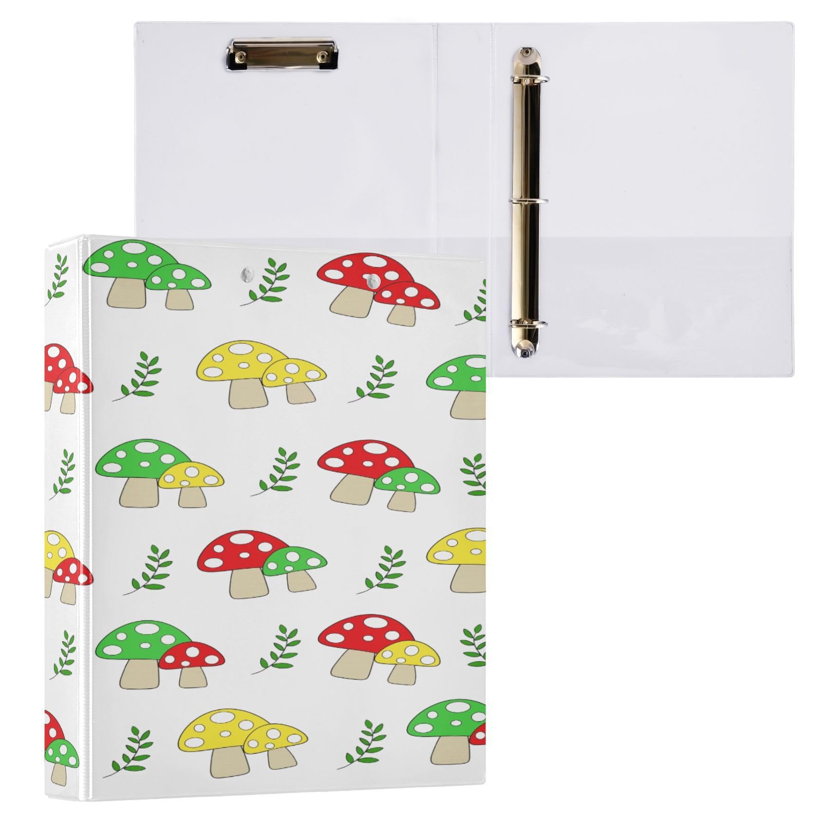 Raccoglitore a 3 anelli rotondi impermeabile con portablocco, in PVC, trasparente, formato A4, versatile, 200 fogli, per ufficio, scuola, casa, organizzazione ricette, motivo: funghi