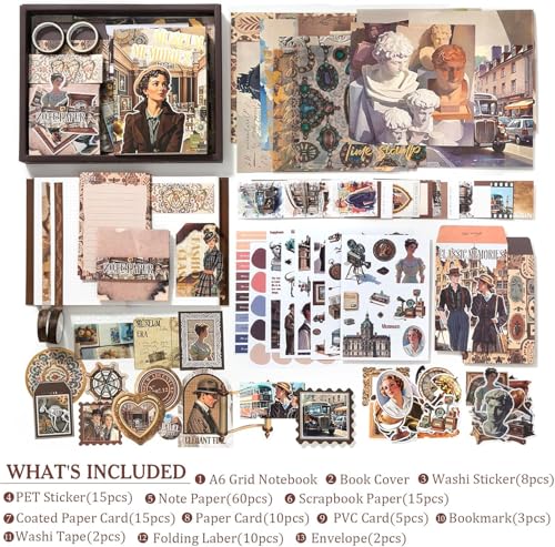Image of MGNLR Vintage Aesthetic Scrapbook Kit(346Pcs) Scrapbooking Supplies Kit with Bullet Junk Journal,Stationery,A6 Grid Notebook Journaling Gift for Girl (Museum Memories)