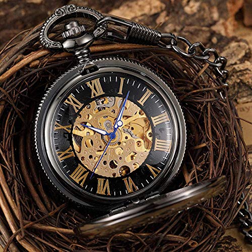Tazweeq Retro and Classical Pocket Watch, Black Hand Watch Hollow Carved Steampunk Skeleton Mechanical Pocket Watch Men Retro Pendant Clock with Chain Unisex Gift