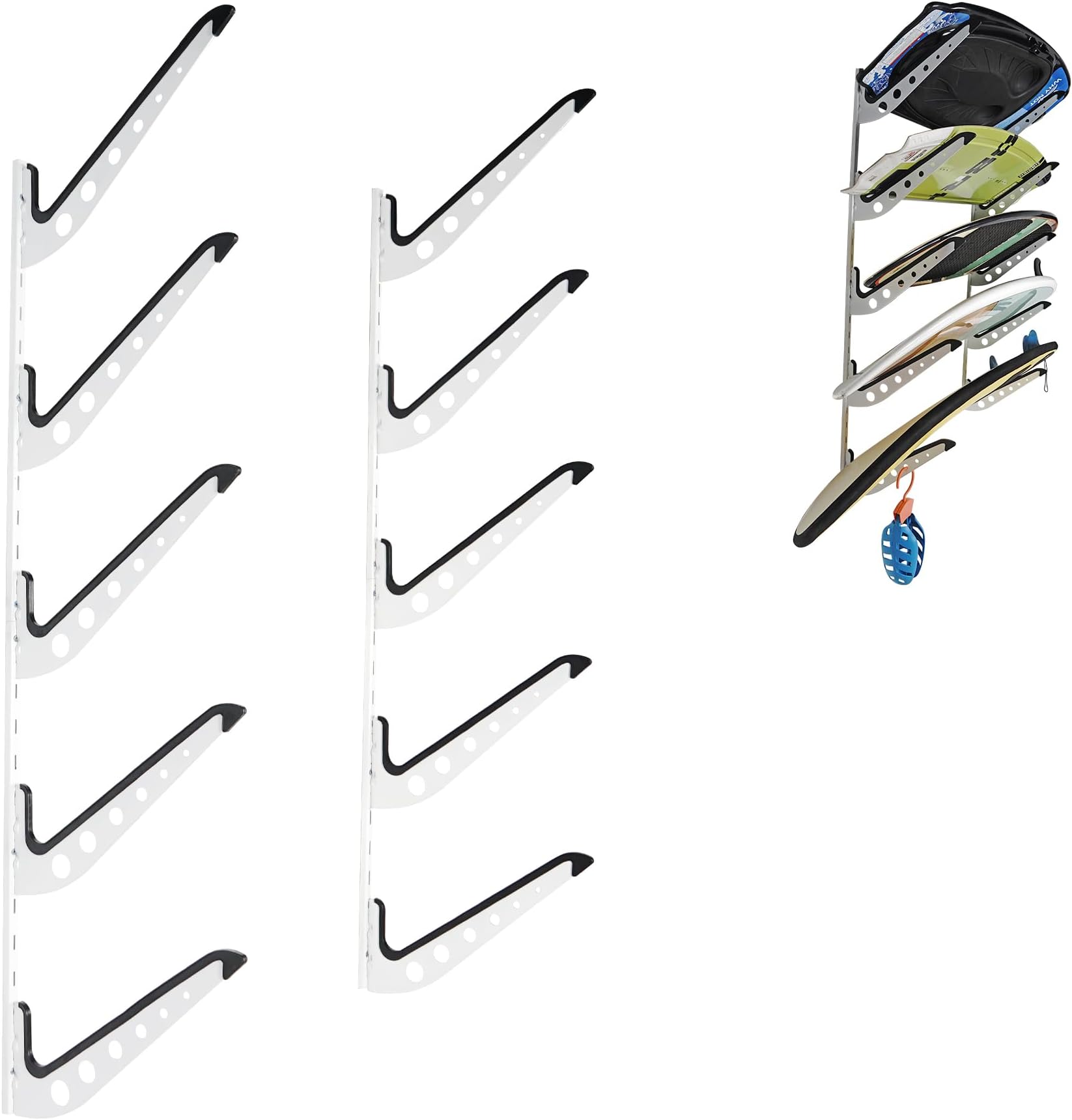 5 Board Surf Rack Wall Mount for Surfboard, Wakeboard, Snowboard Storage Adjustable Wall Hangers Boards Display