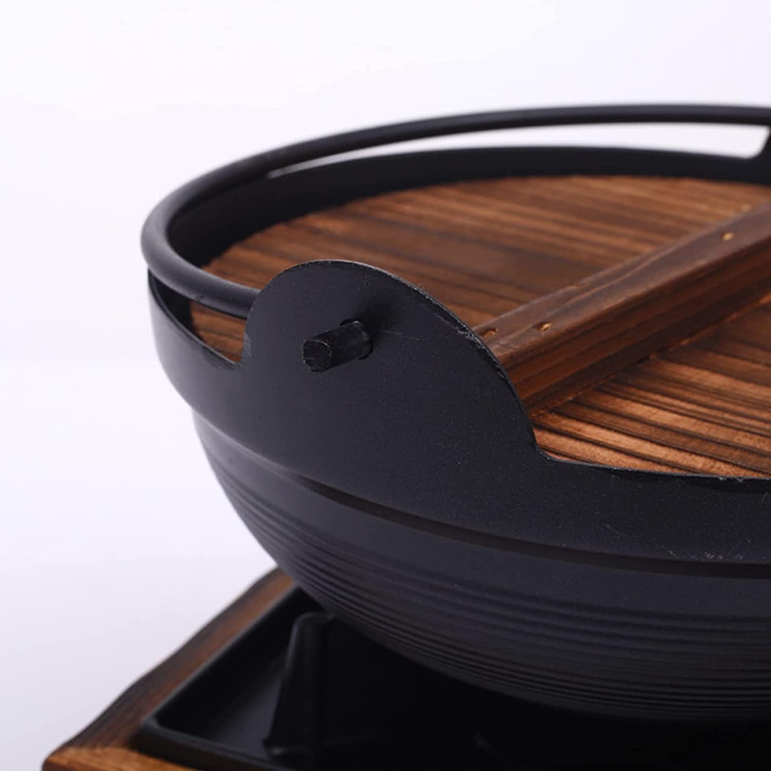 Non Stick Cast Iron Wok, Shouxi Iron Wok with Wooden Cover Tray, Noodle Soup Cooking Stove,22cm