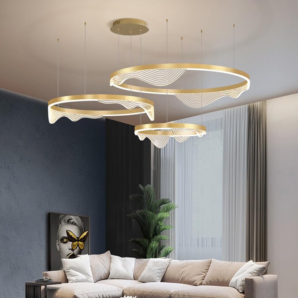 Lustre LED 3 anneaux dore d'entree de style nordique