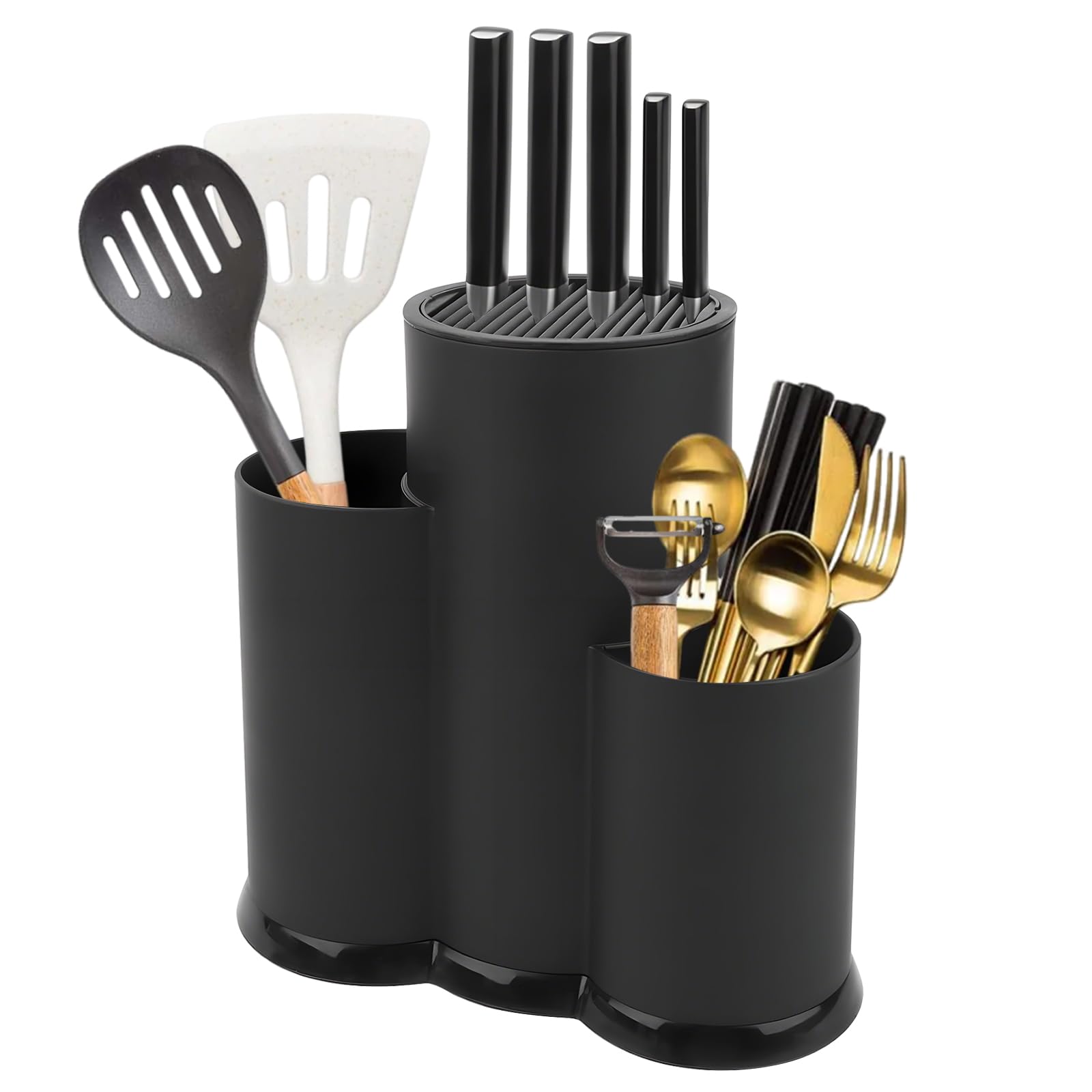 3 in 1 Ceppo Coltelli da Cucina, Nero Porta Coltelli Cucina con Foro Scarico e Slot Porta, Universal Portacoltelli da Cucina Vuoto, Rotondo Porta Utensili da Cucina, Mantiene Coltelli 8 Pollici
