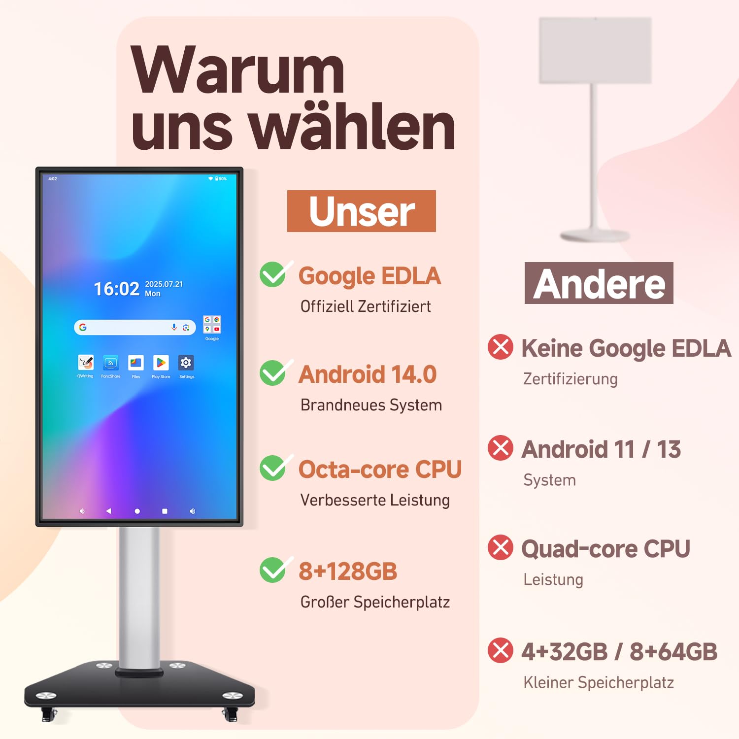 JAV Interaktives Whiteboard Smart Board 43 Zoll Android 14 Google EDLA Zertifiziert Drehbares Smart Screen 8+128 GB Digitales Whiteboard für Live Streaming Büro Klassenzimmer (Inklusive Wandhalterung)