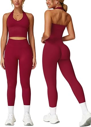 Workout Sets for Women 2 Piece Seamless Halter Tank Top Scrunch Butt Lifting High Waist Leggings Gym Sets Active Wear