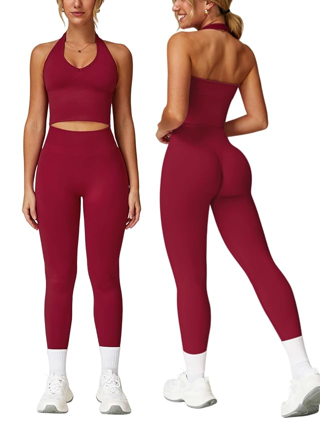 Workout Sets for Women 2 Piece Seamless Halter Tank Top Scrunch Butt Lifting High Waist Leggings Gym Sets