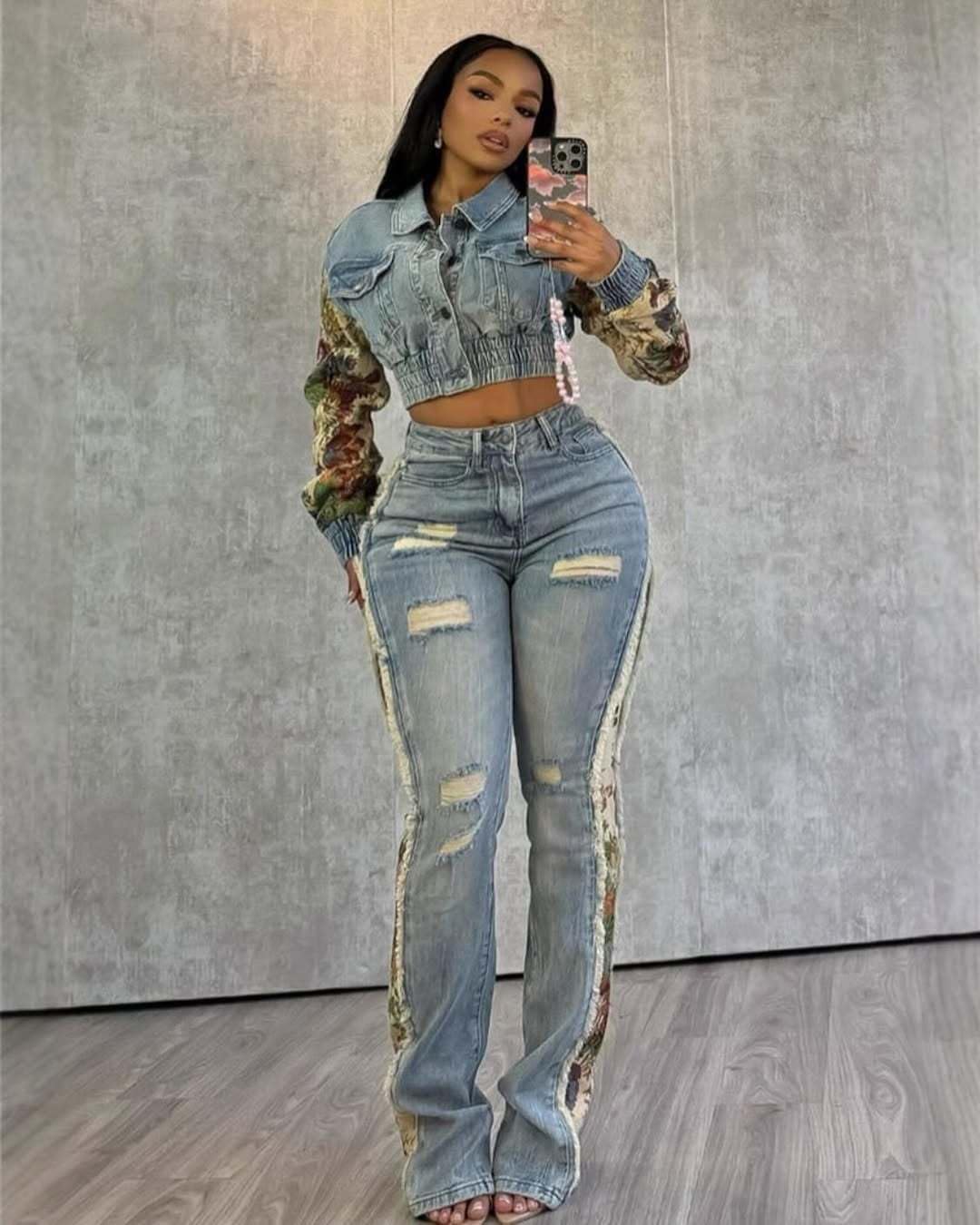Molilove Denim Jacket For Women Casual Button Down Floral Print Long Sleeve Cropped Jean Jacket With Pocket Fall Y2K Clothes