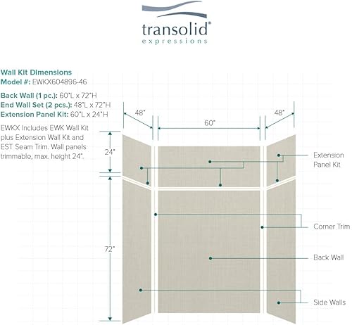 Miniatura 164 de Transolid EWKX483696-41 Expressions - Kit de pared de ducha de 6 paneles con extensión, 36 pulgadas de largo x 48 pulgadas de ancho x 96 pulgadas