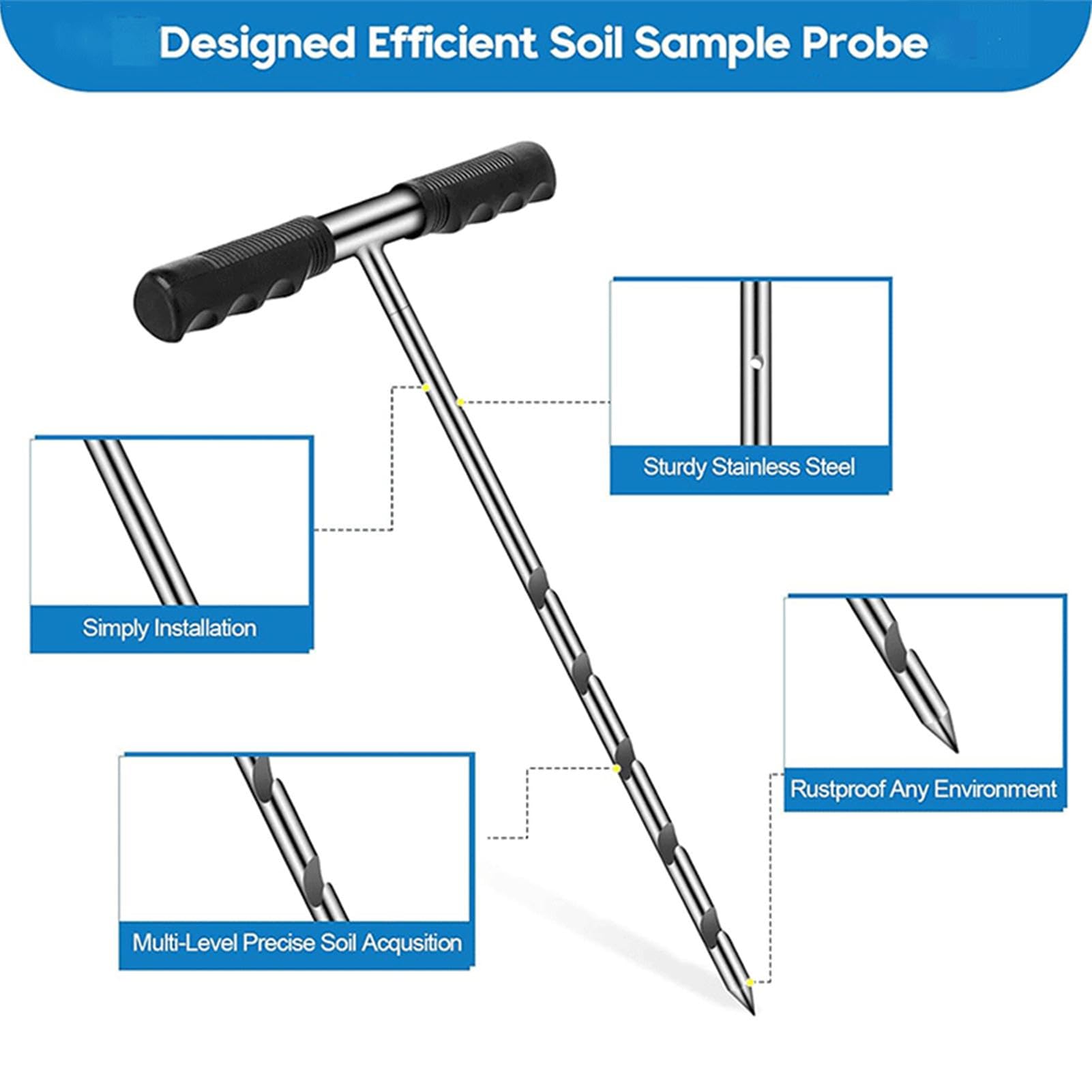 Bodenprobensonde | Edelstahl-Bodensondenstab mit T-Griff, inklusive Handschuhen | Gartenerd-Testset, Bodenkern-Probenahmewerkzeug, 43,2-81,3-121,9 cm Länge verstellbar