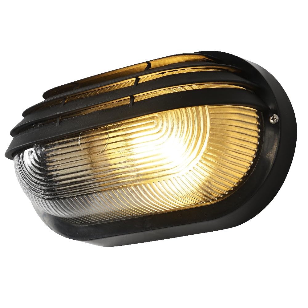 Britalia Black & Ribbed Glass Outdoor Modern Oval Eyelid Bulkhead Wall Light 26Cm