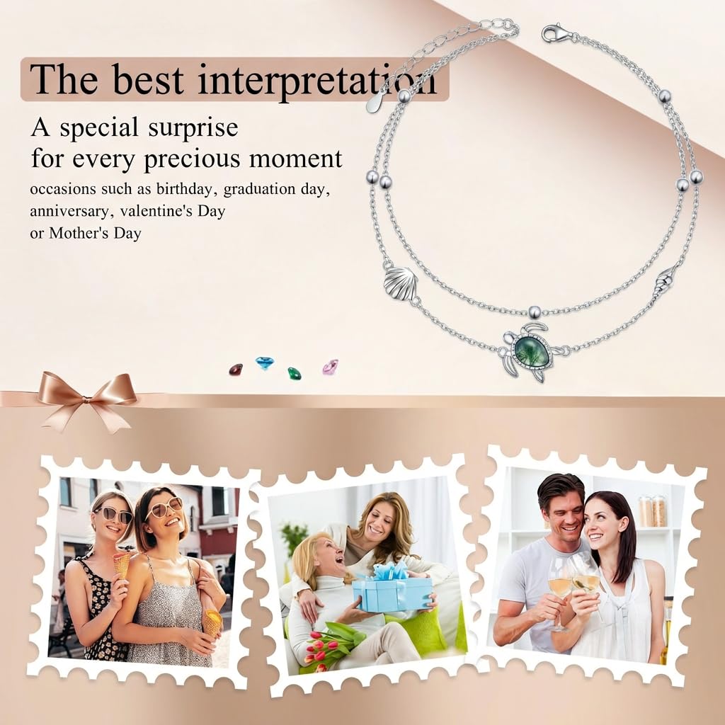 Tobillera de plata de ley S925 con mariposa, ancla, tortuga marina, cruz, girasol, luna, para mujeres y niñas, pulsera de tobillo de doble capa, ajustable, joyería de cadena de pie