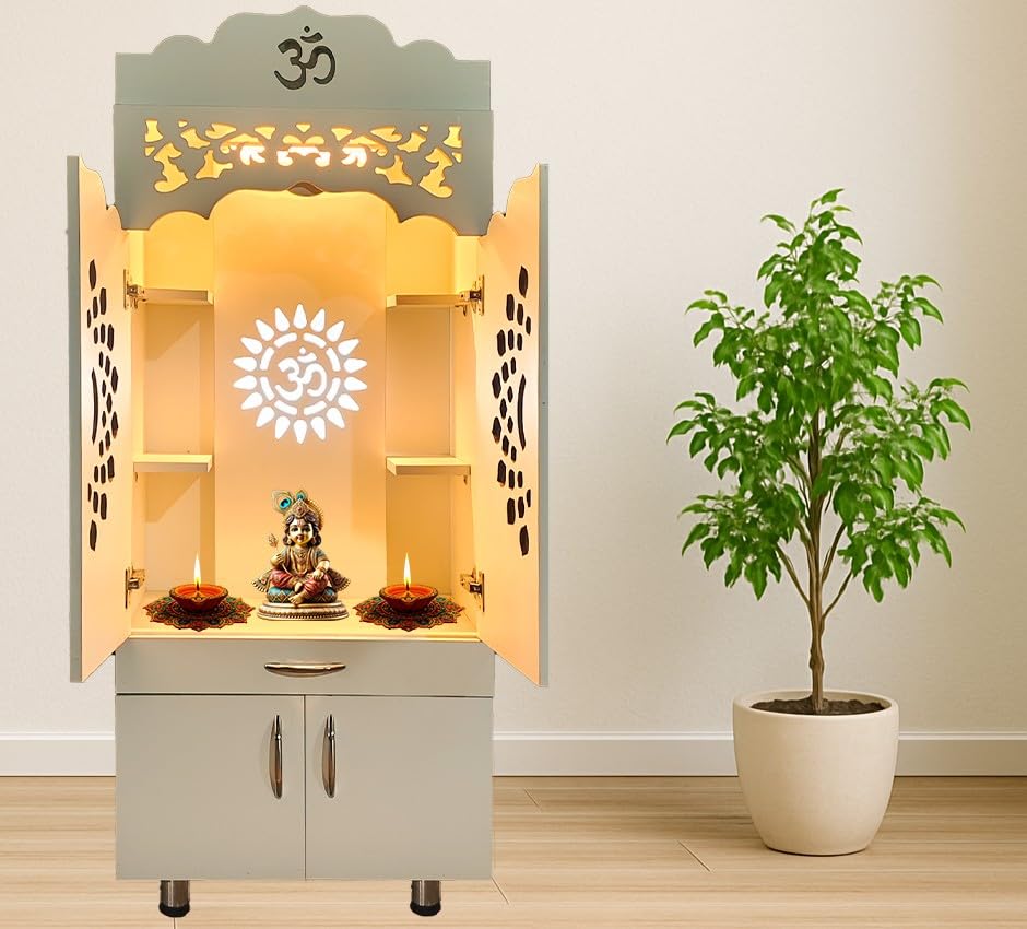 Alpine Willow 5 feet X 2 Feet Premium Wooden Temple for Home with Door (Pre-Assembled) Modern Pooja Mandir with LED Light,Storage Cabinet & OM Design I Pooja Stand for Living Room & Offices | Devghar