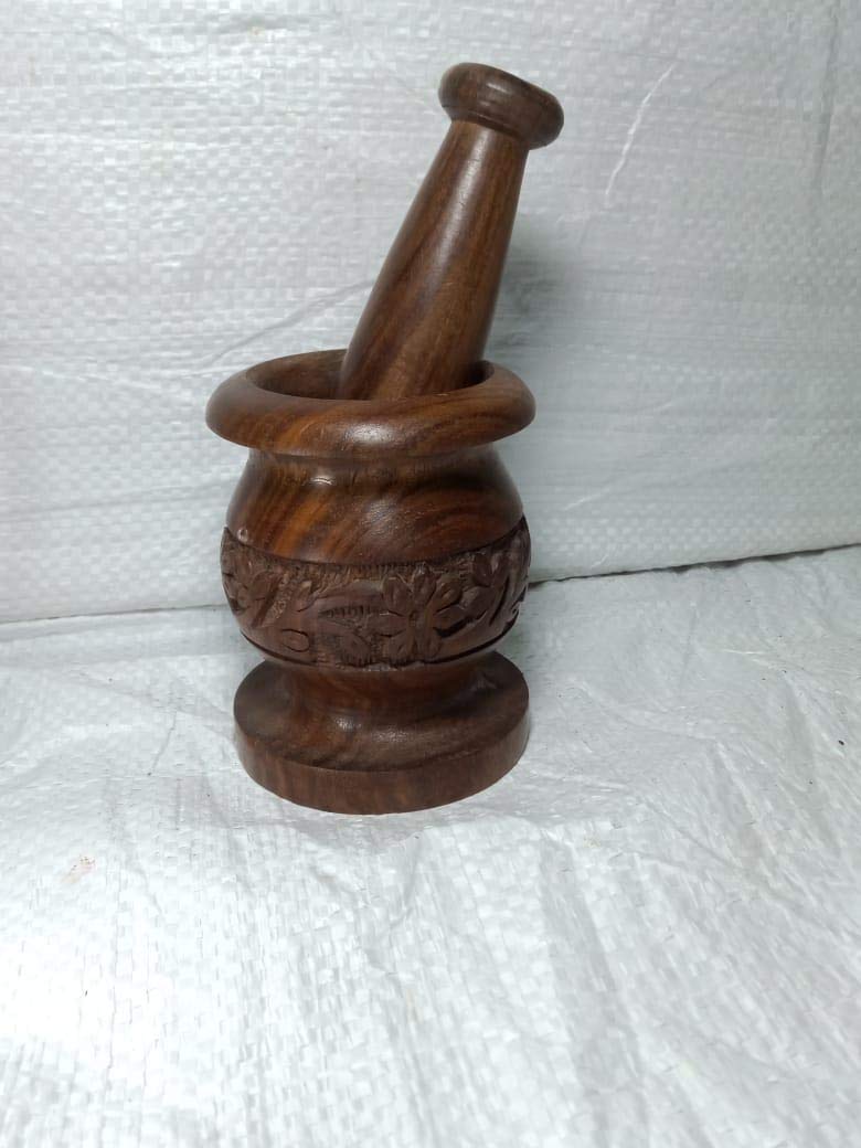 e Mortier et pilon en bois sculpté à la main | Moulin pour herbes, épices et utilisation en cuisine, bois de manguier naturel | Mortier et pilon 10,2 cm / 10,2 cm / 12,7 cm